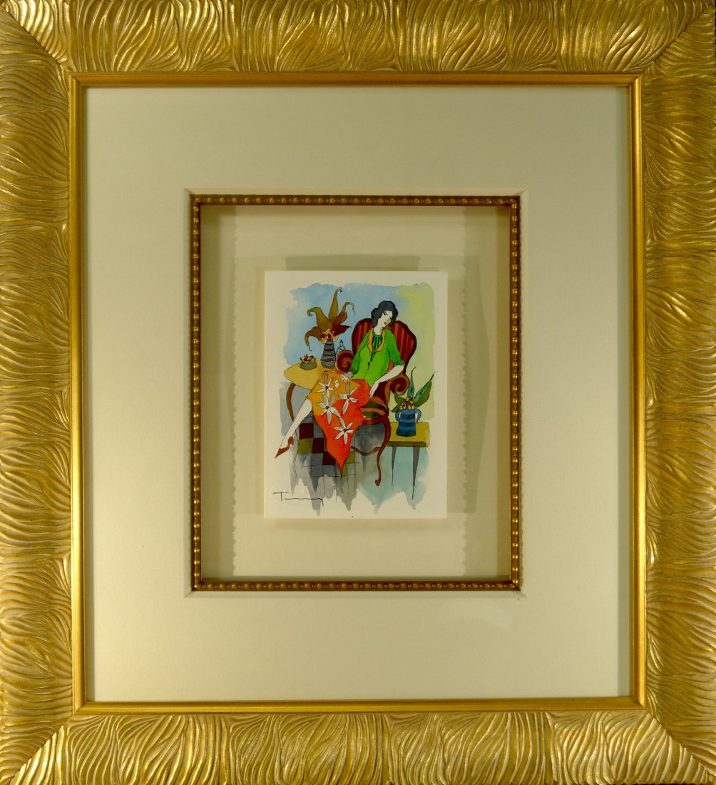 Itzchak Tarkay "Second Thought" (FRAMED): Itzchak Tarkay "Second Thought" original mixed media water color, Year: 1999 Hand Signed image: 5.5" x 7.5" frame: 21.5" x 23.5" comes with COA (FRAMED) W1501