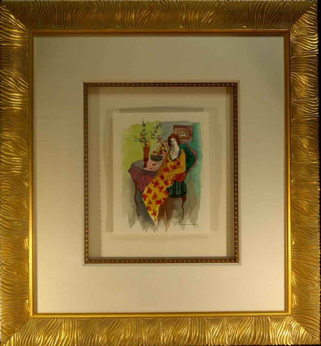 Itzchak Tarkay "Memories" (Framed) W1201: Itzchak Tarkay "Memories" Original Mixed Media Watercolor. Image Size: 7.5 x 9.5" Frame Size: 24.75 x 26.75" Signed. Comes with COA. W1201