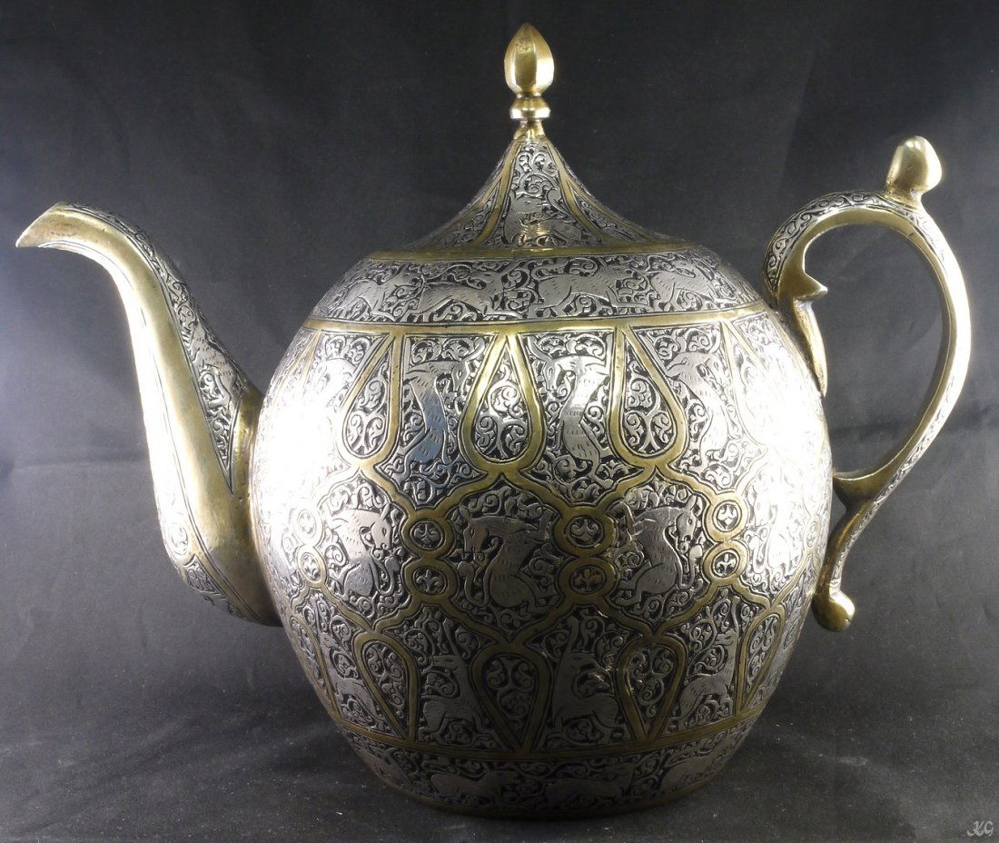 Antique Silver Tea Pot W7501: Antique Silver Tea Pot Kashimir Indian - Islamic circa 1700 24karat gold inlaid 90% pure silver - higher grade than sterling Silver has been tested 926grams, hand carved lions are so rare W7501