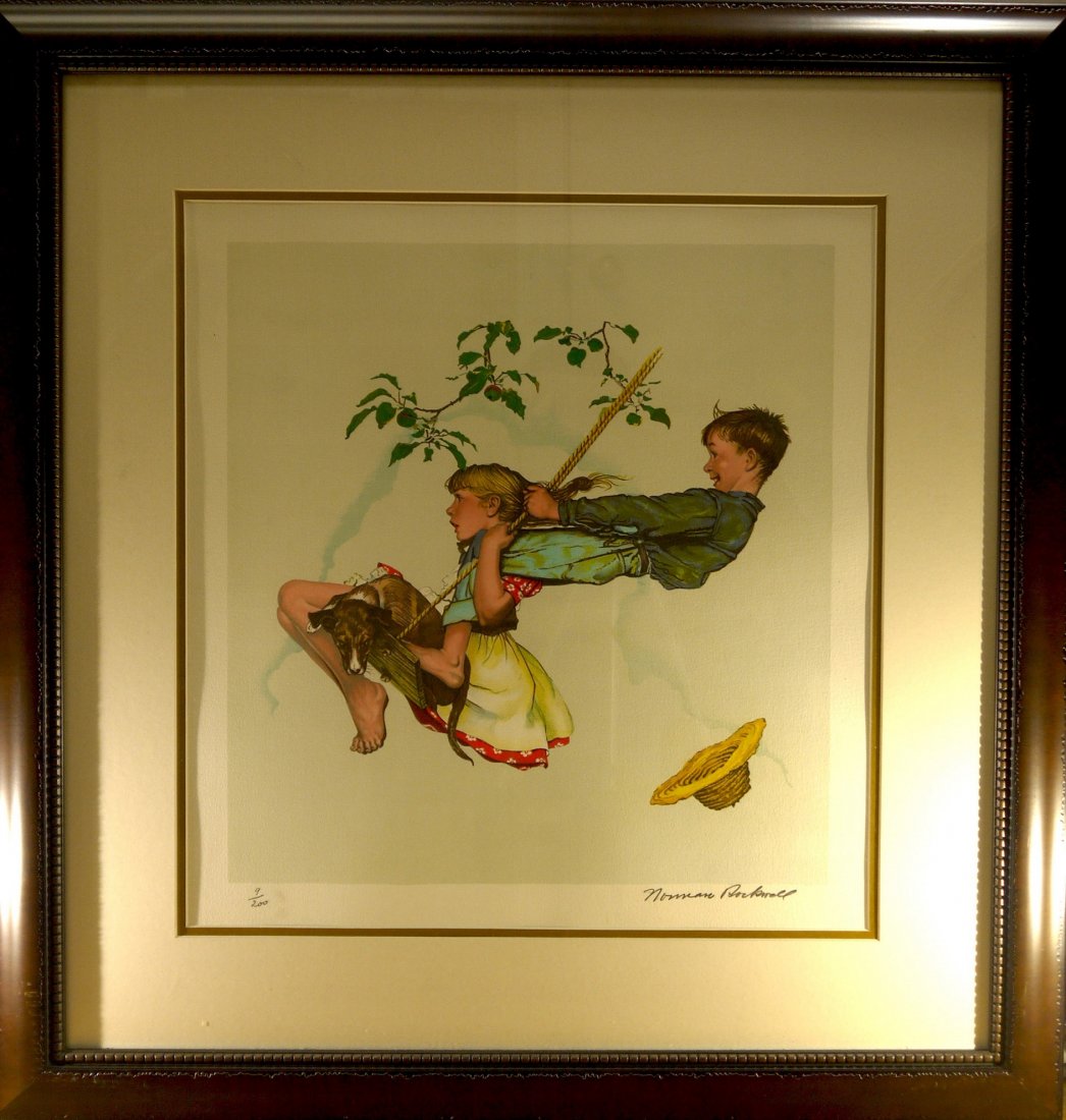 Norman Rockwell "The Swing" (FRAMED) W4401: Norman Rockwell "The Swing" original 10 color lithograph on paper Hand signed and numbered image size: 15" x 16" frame size: 27" x 28" comes with Certificate of Authentication W4401