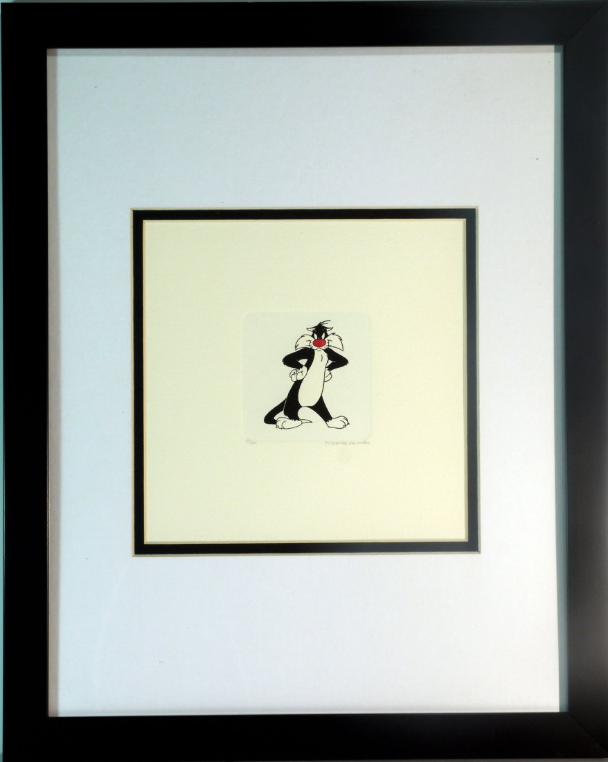 Warner Brothers "Sylvester" Etching (FRAMED) W101: Warner Brothers "Sylvester" Etching (FRAMED) An original hand painted etching was created with a steel engraving needle scratched by the artist into a varnish-covered zic or copper plate. In an acid b