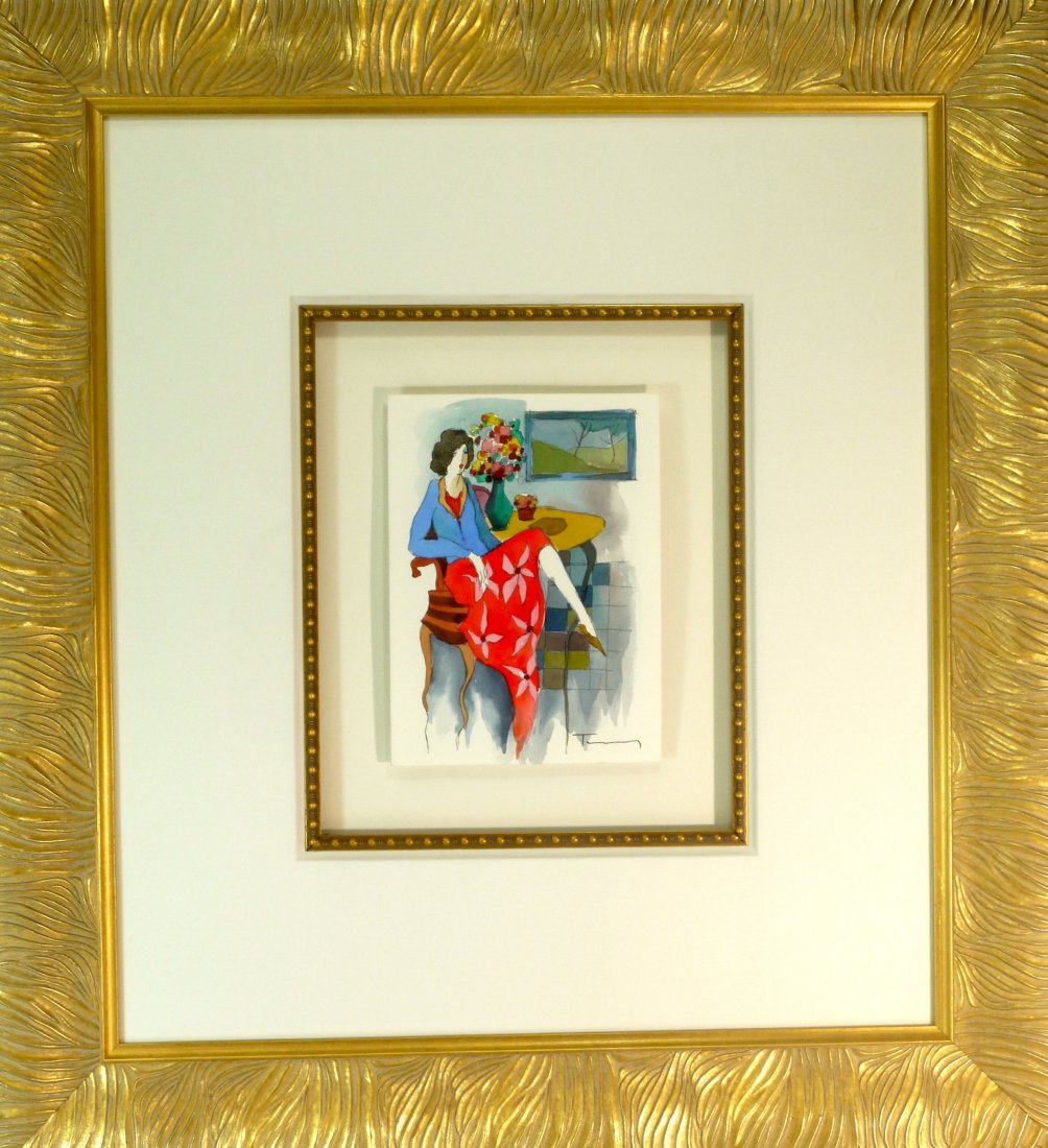 Itzchak Tarkay "Red Dress" (FRAMED) W1351: Itzchak Tarkay "Red Dress" Medium: Mixed Media Watercolor. Signed. Comes with COA. Image Size:5.5" x 7.5" Frame Size: 23.75" x 22" W1351