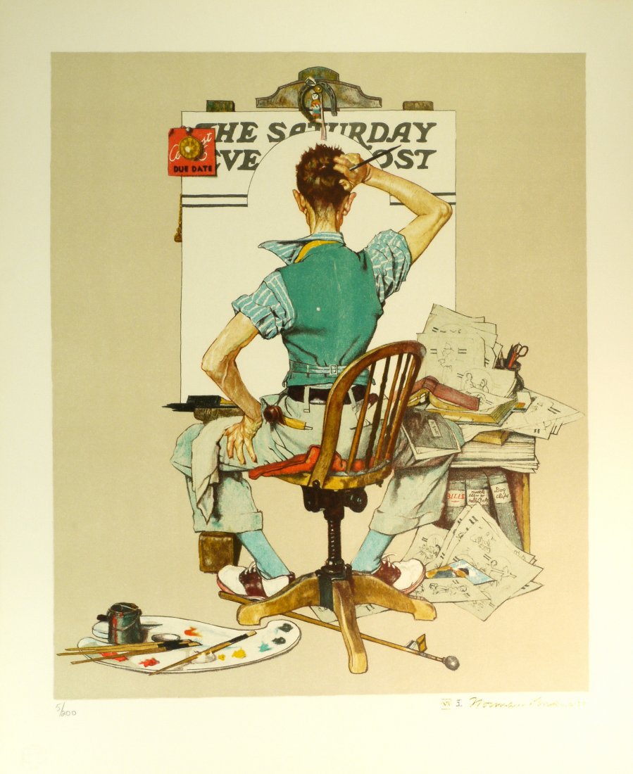 Norman Rockwell "Deadline" W376: Norman Rockwell "Deadline" Lithograph with authorized Trademark initials and Signature embossed in gold. Paper Size:25.75" x 21 Image Size:21" x 17.5" Paper: papier d' Arches Comes with COA W376