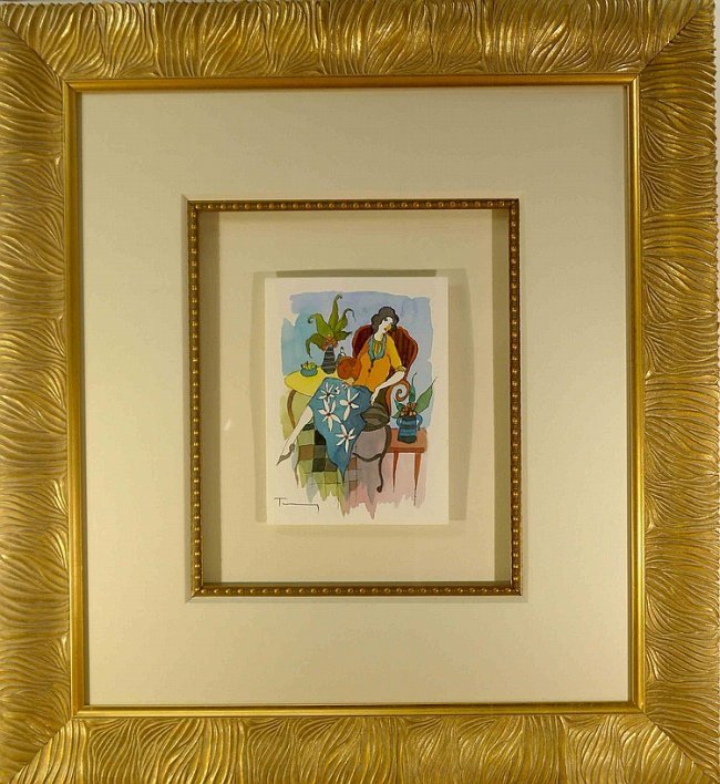 Itzchak Tarkay "Sitting Alone" (Framed) W1501: Itzchak Tarkay "Sitting Alone" Mixed Media Watercolor. Frame size: 21.75 x 23.75" Image size: 5.5 x 7.5". Signed. Comes with COA. W1501