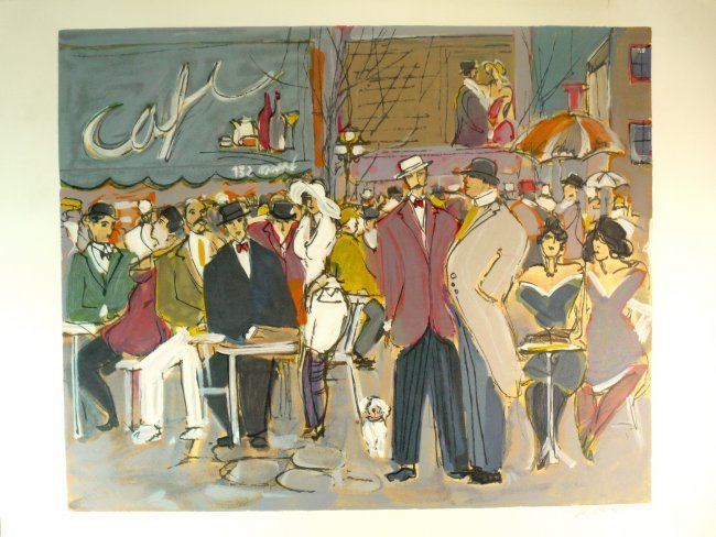 Isaac Maimon "Oscar Café" Original Serigraph W370: Isaac Maimon "Oscar Café" Medium: Original Serigraph on paper Size: 29.5" x 21.5" Signature Hand Signed by theartist, lower right comes with COA small tear on top W370