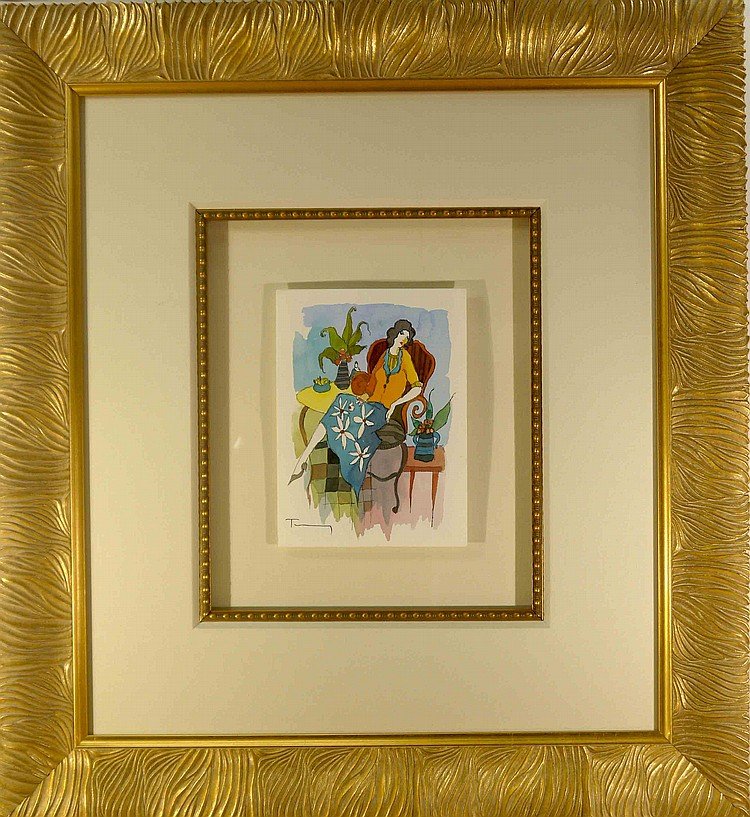 Itzchak Tarkay "Sitting Alone" (Framed) W1501: Itzchak Tarkay "Sitting Alone" Mixed Media Watercolor. Frame size: 21.75 x 23.75" Image size: 5.5 x 7.5". Signed. Comes with COA. W1501
