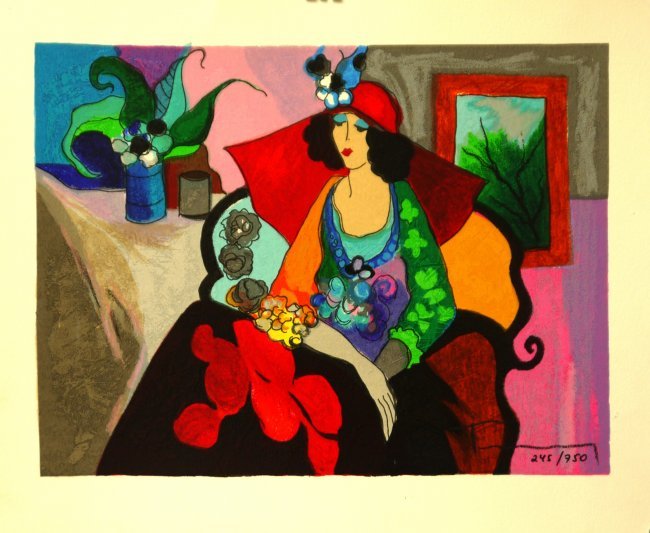Itzchak Tarkay "Red Hat" W397: Itzchak Tarkay "Red Hat" Limited Edition Serigraph on paper. hand signed by the artist. Size 11.5X31.5 inches. W397