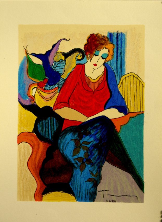Itzchak Tarkay "Waiting" W397: Itzchak Tarkay ""Waiting"" Serigraph Hand Signed and Numbered, Comes with Certificate of Authenticity.size 14 x 11 in.W397