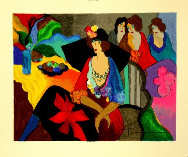 Itzchak Tarkay "GOSSIP" W397: This is a limited edition hand signed serigraph by Itzchak Tarkay titled "GOSSIP". Medium: Serigraph on White Coventry Paper Hand Signed and Numbered by the artist. Paper size: 11" x 13.5" Image size: