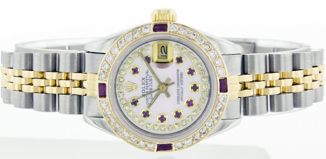 Rolex SS & YG 26mm Lady Datejust 6917 WA10353: Rolex Stainless Steel and Yellow Gold 26mm Lady Datejust 6917 (1980s) with aftermarket yellow gold bezel set with diamonds & Rubies, and Pink MOP dial with aftermarket string diamonds with Ruby hour m