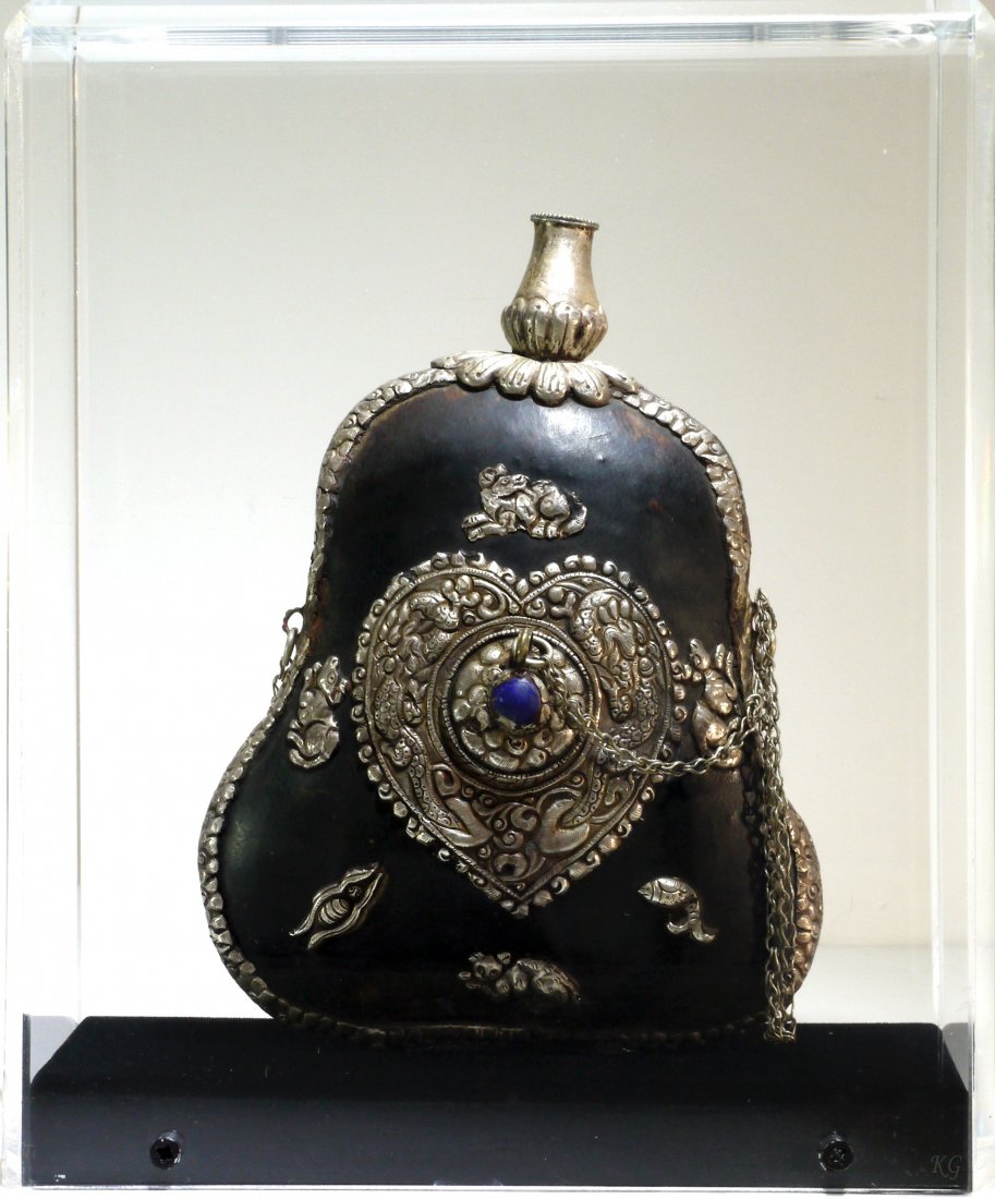 Sterling Silver Tibetan Pilgrim Vessel W2108: Sterling Silver Tibetan Pilgrim Vessel in accrylic glass box. Late 19th Century - Early 20th Century. Size: 8.5" x 10" W2108