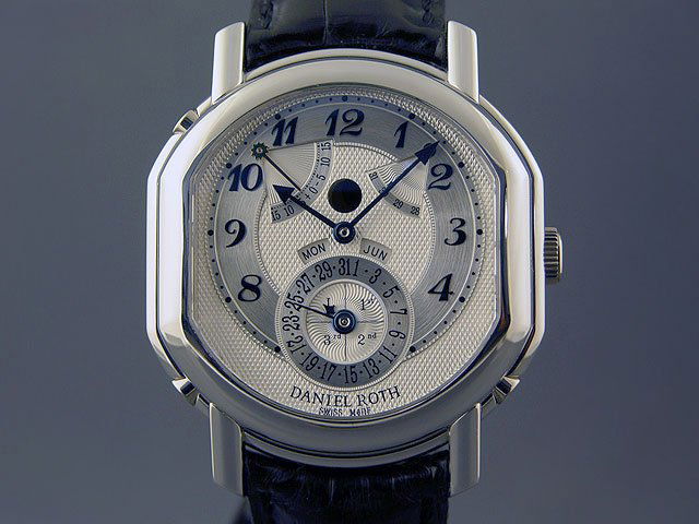 Daniel Roth Platinum A150000: This watch is aquired from a serious watch collector in Marina Del Ray, CA. Daniel Roth. Platinum. Grande complication. Skeleton back, crocodiles belt. Moon phase. Perpetual calendar. Very few made. R