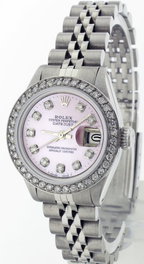 Rolex Stainless Steel 26mm Lady Datejust 6917 WA9603: Rolex Stainless Steel 26mm Lady Datejust 6917 (1982) with aftermarket steel bezel set with round diamonds, and Pink MOP dial with aftermarket diamond hour markers. Scratch resistant sapphire crystal w