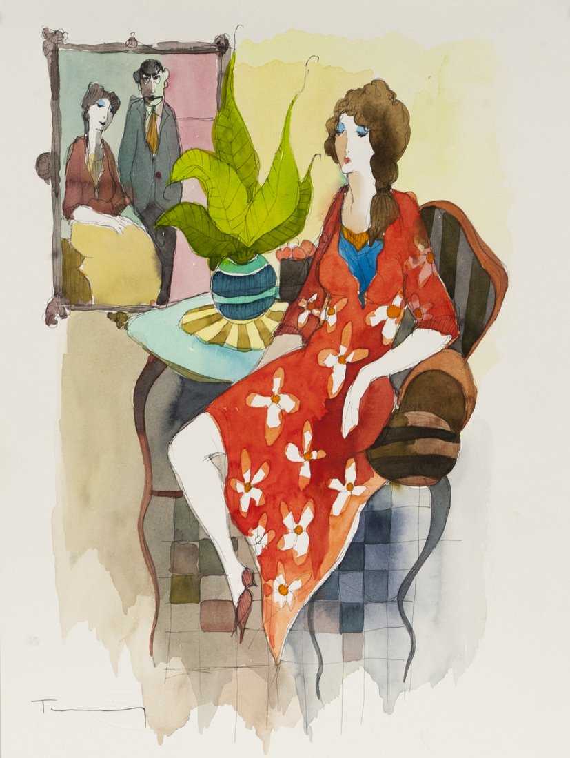 Itzchak Tarkay "Red Floral Dress"(Unframed)W1655: Itzchak Tarkay "Red Floral Dress" Mixed Media Watercolor Size: 8" x 11" signed and comes with COA W1655
