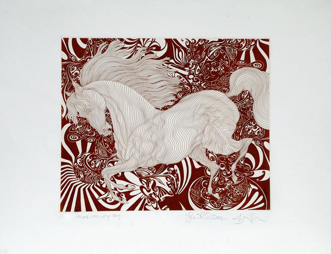 Guillaume Azoulay "Along the Way" (Unframed) W395: Guillaume Azoulay "Along the Way" Etching Size: 26.25" x 20" Signed and Numbered, has some dirt and crisp on the side W395