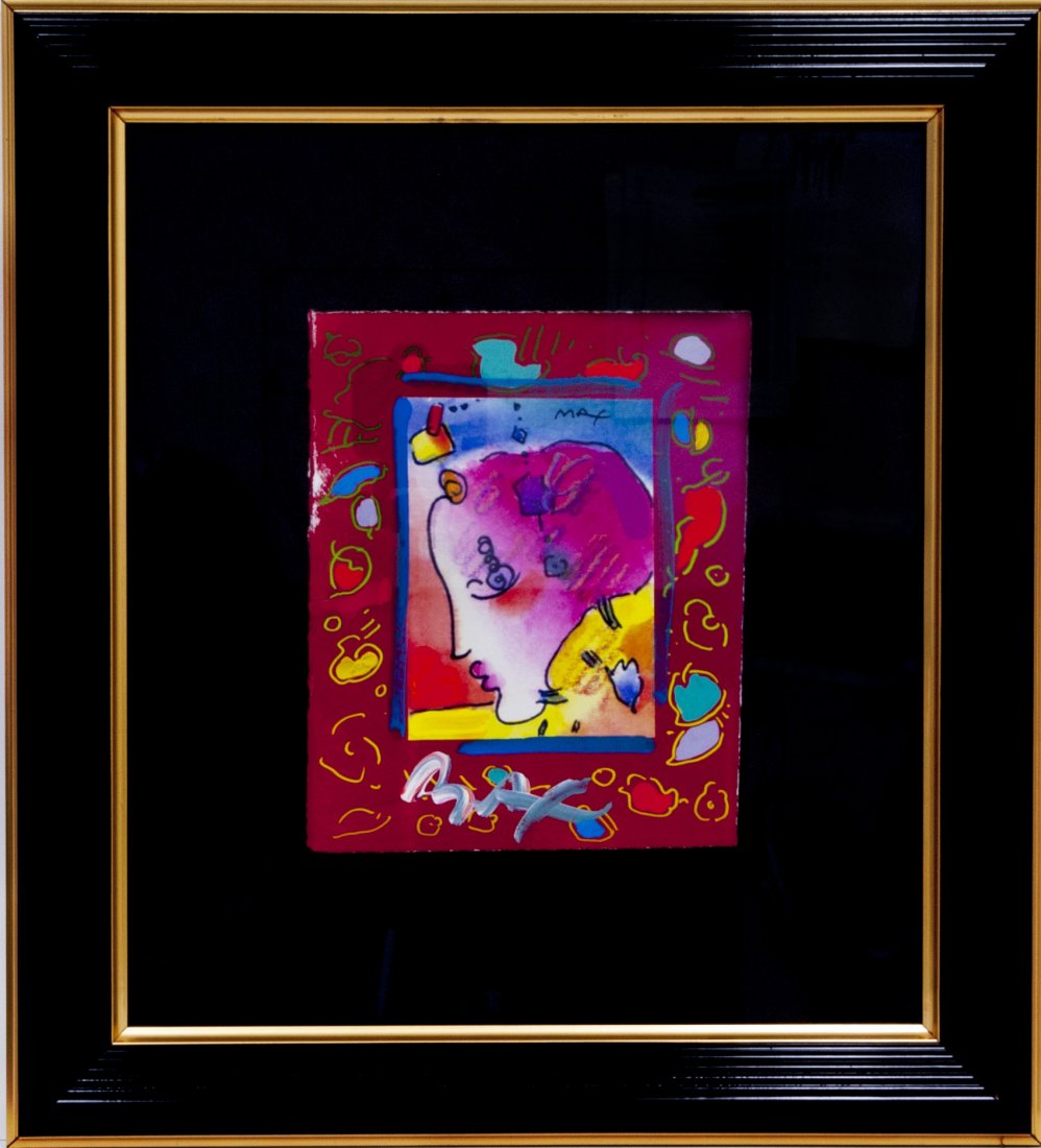 Peter Max "Looking to the Left Collage, 2" W2517: Peter Max "Looking to the Left Collage, 2" Mixed Media with Collage and Acrylic on wove paper. Frame Size: 20.25" x 22.25" Image Size: 10.5" x 8.5" Signed in Acrylic at bottom. Comes with COA and fram