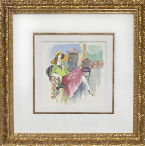 Itzchak Tarkay "Empty Seat" (FRAMED) W2175: Itzchak Tarkay "Empty Seat" Mixed Media Water Color Frame Size: 29.5" x 29.5" Image Size: 12.5" x 12.5" Signed, comes with COA W2175