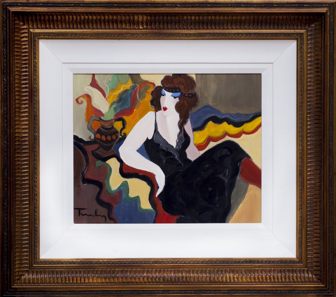 Itzchak Tarkay "Suzan" (FRAMED) W9001: Itzchak Tarkay "Suzan" Acrylic on Canvas Frame Size: 34.5" x 30.25" Image Size: 16" x 20" Hand signed bottom left and comes with COA W9001