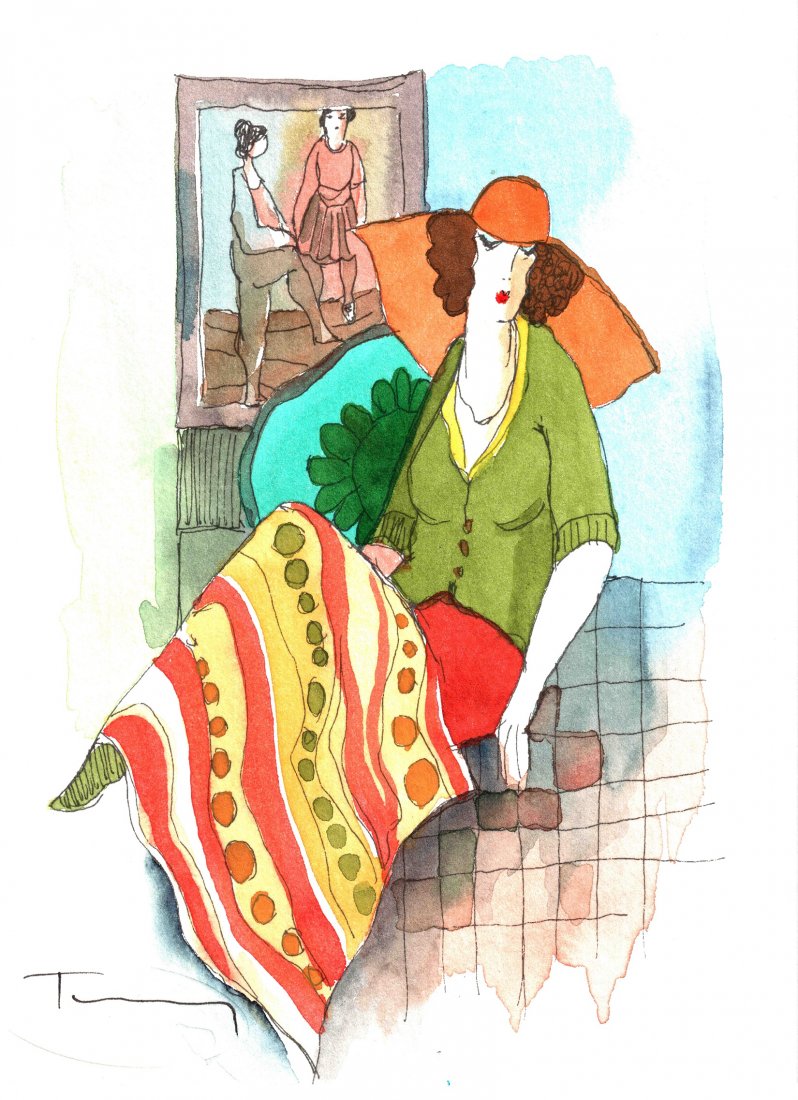 Itzchak Tarkay "Woman with Orange Hat" (Unframed) W902: Itzchak Tarkay "Woman with Orange Hat" Mixed Media Watercolor Size: 5.5" x 7.5" comes with COA and unframed W902