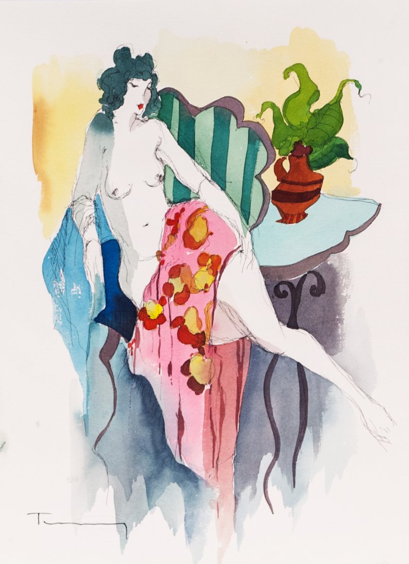Itzchak Tarkay "Sitting Nude" (Unframed) W1655: Itzchak Tarkay "Sitting Nude" Mixed Media Watercolor Size: 12" x 16" comes with COA and unframed W1655