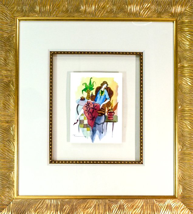 Itzchak Tarkay "Waiting" (FRAMED)W1501: Itzchak Tarkay "Waiting" Mixed media watercolor Frame Size: Image Size: 5.5" x 7.5", comes with COA and framed W1501