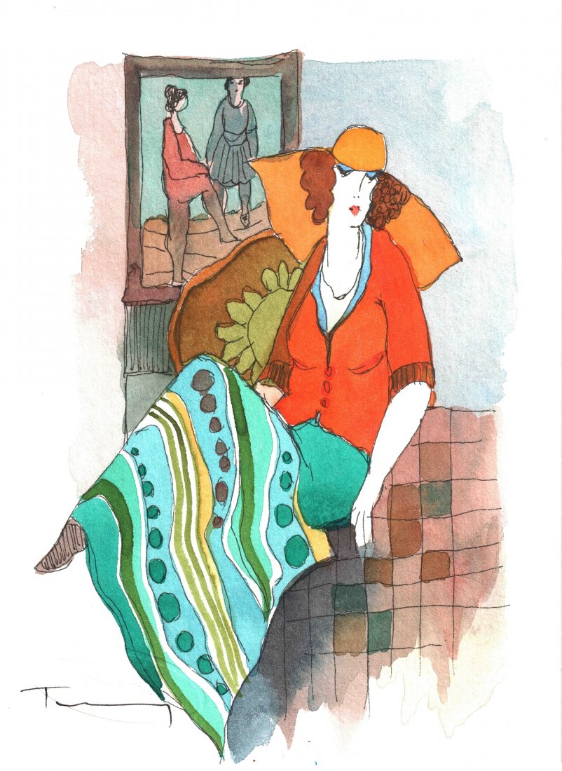 Itzchak Tarkay "Yellow Hat" (Unframed) W902: Itzchak Tarkay "Yellow Hat" Mixed Media Watercolor Size: 5.5" x 7.5" comes with COA and unframed W902