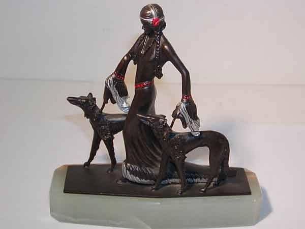 Art Deco Bronze Statue W347: Art Deco Bronze Partially Nude Female w/ 2 Whippet Dogs on Leash, Marble Based Statue. With Silver and Red Detailing on Bronze Figure Size: app 6" x 6" W347