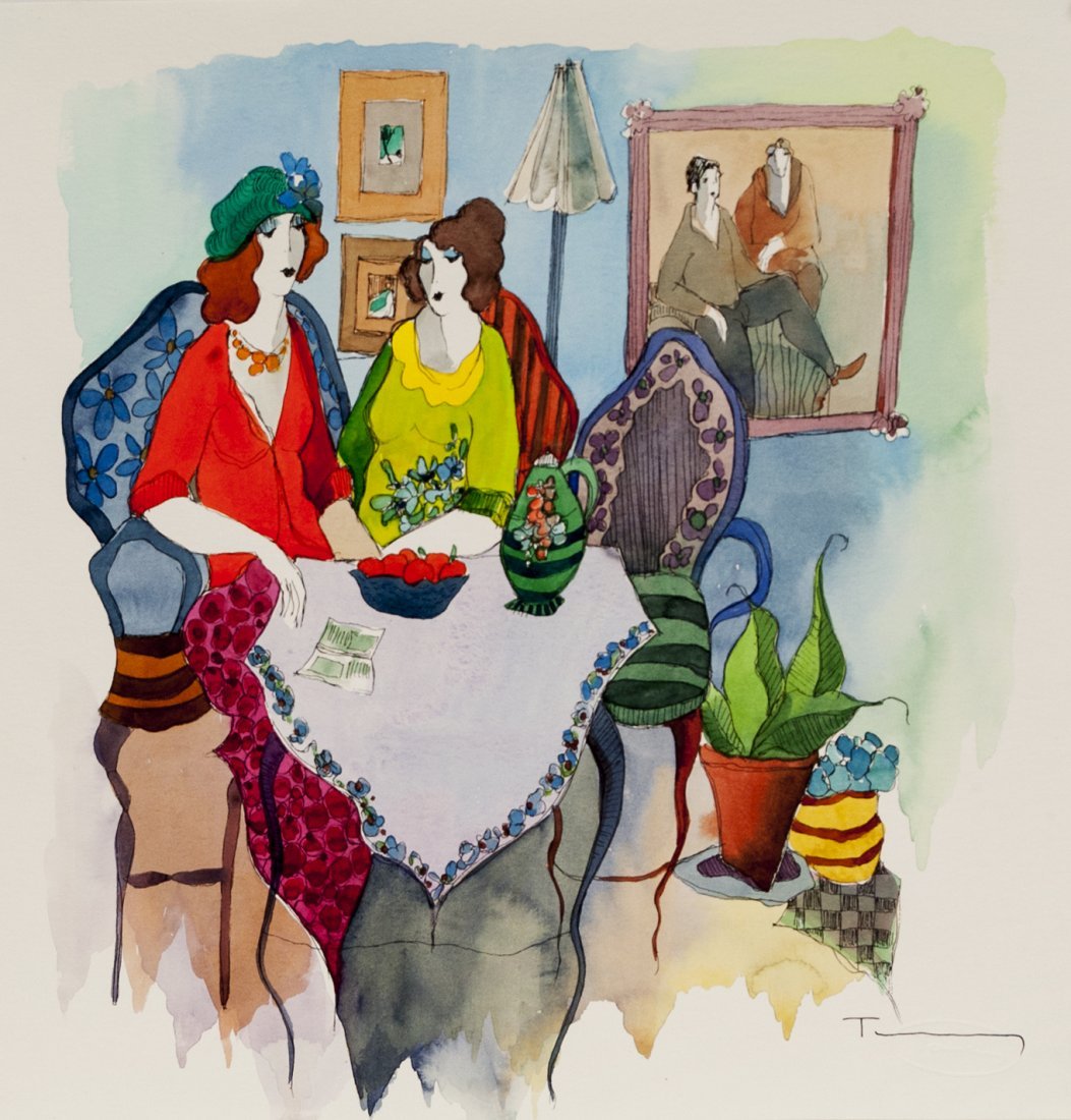 Itzchak Tarkay "Sweet Encounter" (Unframed) W2027: Itzchak Tarkay "Sweet Encounter" Mixed Media Watercolor Size: 16" x 16" comes with COA W2027