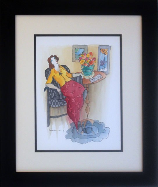ITZCHAK TARKAY "CATCHING UP ON THE NEWS" J2550: ITZCHAK TARKAY "CATCHING UP ON THE NEWS" ORIGINAL WATERCOLOR ON PAPER HAND SIGNED BY THE ARTIST. Size: 24.5" x 22.5", comes with COA and Framed. Due to size, additional shipping charges may apply. J25