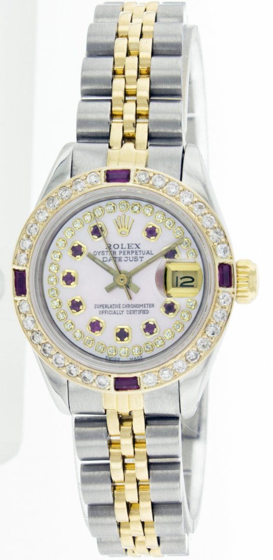Rolex Stainless Steel&Yellow Gold 26mm Lady Datejust: Rolex Stainless Steel and Yellow Gold 26mm Lady Datejust 6917 (1980s) with aftermarket yellow gold bezel set with diamonds & Rubies, and Pink MOP dial with aftermarket string diamonds with Ruby hour m