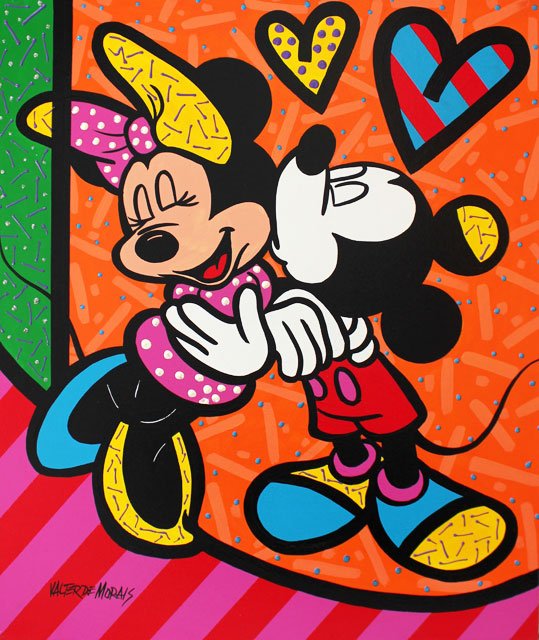 VALTER MORAIS "MICKEY LOVES MINNIE" J1350: VALTER MORAIS "MICKEY LOVES MINNIE" ORIGINAL ACRYLIC ON CANVAS HAND SIGNED BY THE ARTIST MUSEUM GALLERY WRAPPED. SIZE: 24" X 20", COMES WITH COA AND UNFRAMED. DUE TO SIZE, ADDITIONAL SHIPPING CHARGES 