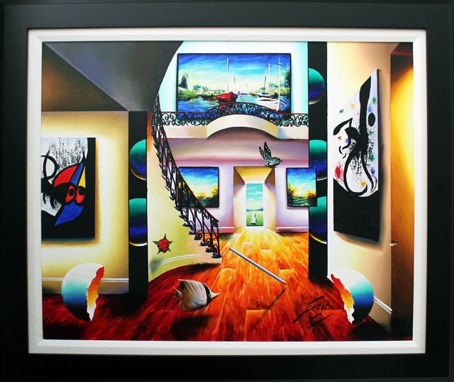 FERJO "BOATS" J4950: FERJO "BOATS" ORIGINAL OIL ON CANVAS HAND SIGNED BY THE ARTIST. SIZE: 30.5" X 36.75", COMES WITH COA. THIS PIECE COMES FRAMED AS SHOWN. DUE TO SIZE, ADDITIONAL SHIPPING CHARGES MAY APPLY. J4950