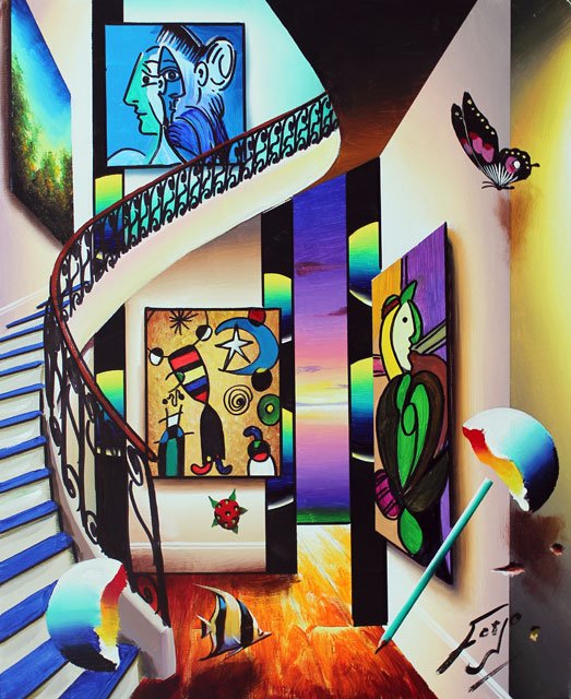 FERJO "HALLWAY AND BLUE STAIRS" J3600: FERJO "HALLWAY AND BLUE STAIRS" ORIGINAL OIL ON CANVAS HAND SIGNED BY THE ARTIST. SIZE: 24" x 20" COMES WITH COA. THIS PIECE IS STRETCHED AND READY FOR FRAMING. DUE TO SIZE, ADDITION SHIPPING CHARGES