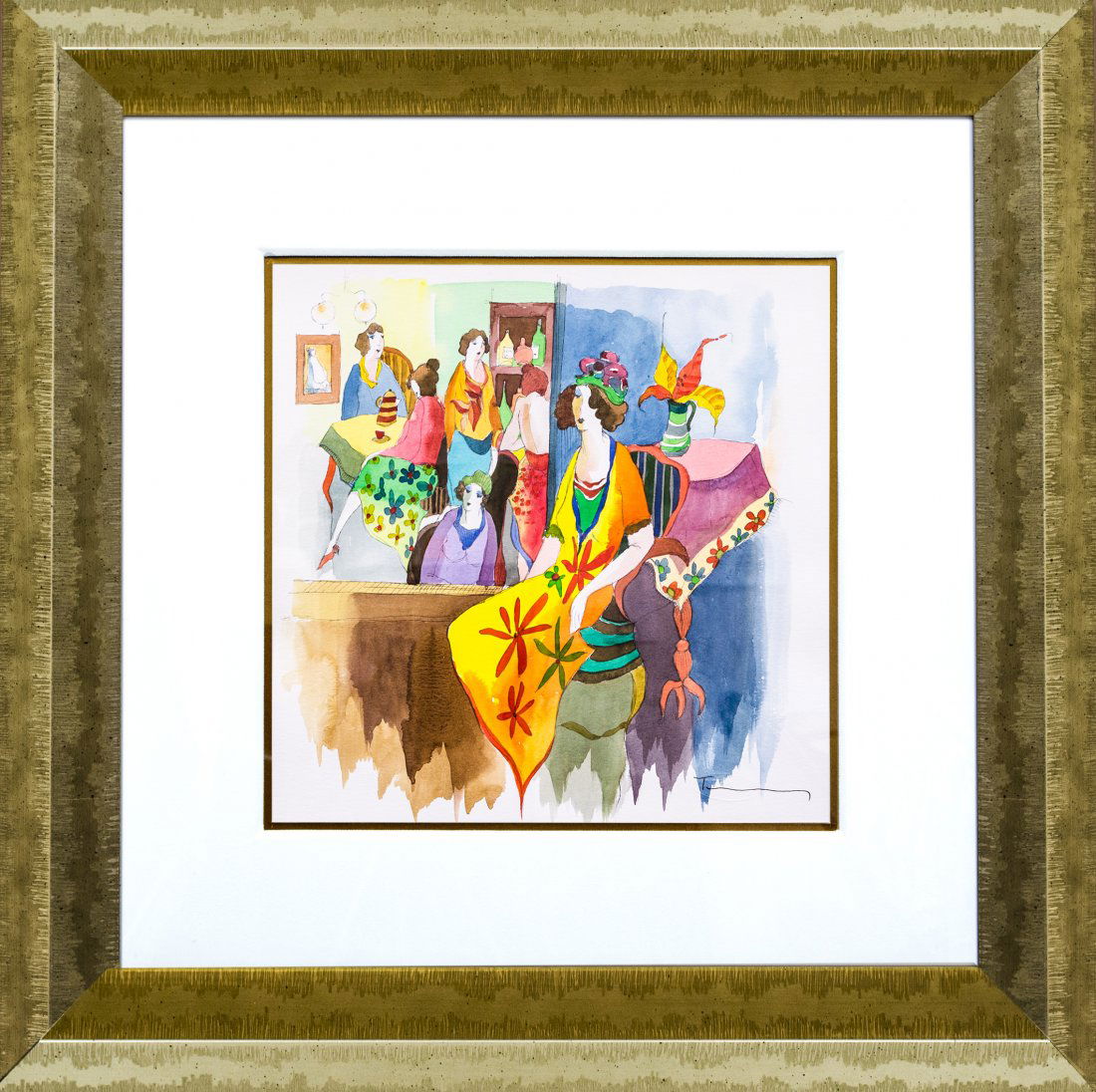 Itzchak Tarkay "Through the Window" W2601: Itzchak Tarkay "Through the Window" Mixed Media Watercolor. Frame Size: 30" x 30" Image Size: 16" x 16" Signed, comes with COA and framed. Due to size, additional shipping charges may apply.W2601