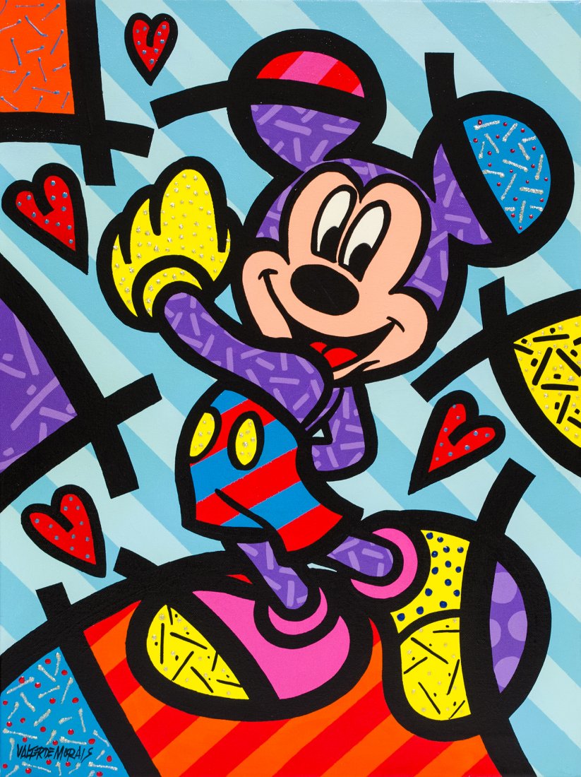 Valter Morias "Happy Mickey" W1553: Valter Morias "Happy Mickey" Accrylic on Canvas. Size: 24" x 18", signed and comes with COA. This piece is stretched and rea for framing. W1553