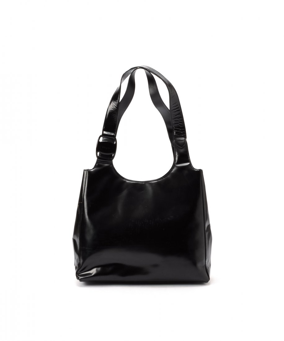 Ferragamo Shoulder Bag WX580: Ferragamo Shoulder Bag. Patent leather body, Leather trims, Fabric lining. Wrinkles on straps, worn Corners, Surface. Size: 35W x 27H x 11D. WX580