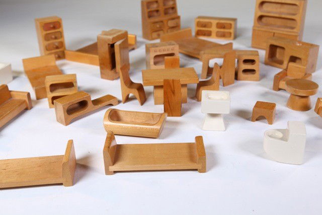 Creative Playthings - Minature Furniture: Designer: Creative Playthings Item: Minature Furniture Mfg.: Creative Playthings Description: Solid Birch Unit: lot 30 pc Dim. Exactly: (L x W x H"): Various tallest @9.5" Circa: 196