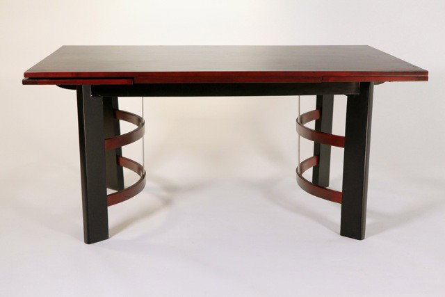 Donald Deskey Attr - Dining Table: Designer: Donald Deskey Attr Item: Dining Table Mfg.: Hastings Furn CO Description: Veneer Top with Lacquered Wood and Chromed Steel base Unit: 1 Dim. Exactly: (L x W x H"): 65" x 39" x 30"h