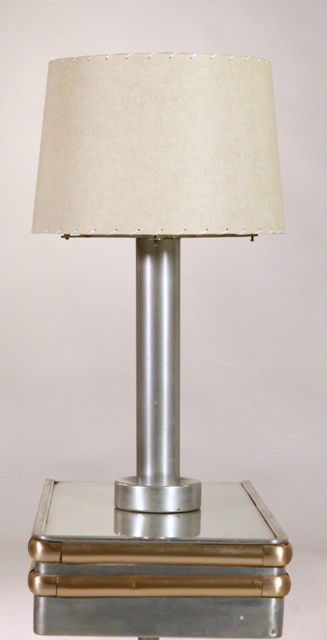 E F Caldwell Co - Wall Mounted End Table w/Fixed p: Designer: E F Caldwell Co Item: Wall Mounted End Table w/Fixed posiiton Table Lamp Mfg.: unknown Description: Anodized Aluminum /Glass / replacement Fiberglass Shade Unit: 1 Dim. Exactly: (L x W x