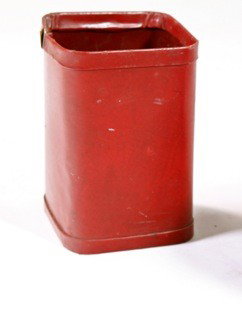 Gibbs and Cox - Leather Clad Waste Paper Basket: Designer: Gibbs and Cox Item: Leather Clad Waste Paper Basket Mfg.: unknown Description: Red Colored Leather covered steel Unit: 1 Dim. Exactly: (L x W x H"): 8" x 8" x 12"h Circa: 19