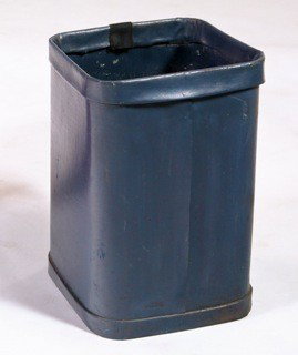 Gibbs and Cox - Leather Clad Waste Paper Basket: Designer: Gibbs and Cox Item: Leather Clad Waste Paper Basket Mfg.: unknown Description: Blue Colored Leather covered steel Unit: 1 Dim. Exactly: (L x W x H"): 8"x 8" x 12"h Circa: 19