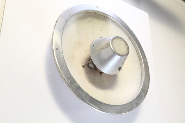 Gibbs/Cox- Ceiling Mount reflector Lamp: Designer: Anonymous Item: Ceiling Mount reflector Lamp Mfg.: unknown Description: Surface mounted with recessed bowl and hinged bulb cap Unit: 1 Dim. Exactly: (L x W x H"): 18" dia x 8"h