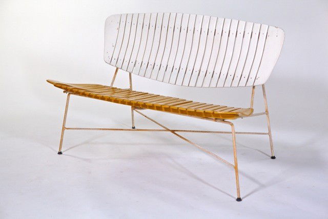 Arthur Umanoff - Garden Bench Seat: Designer: Arthur Umanoff Item: Garden Bench Seat Mfg.: Raymor Description: Lacquered Wood slats with Lacquered Steel Frame Unit: 1 Dim. Exactly: (L x W x H"): 46" x 31"x 29"h Circa:
