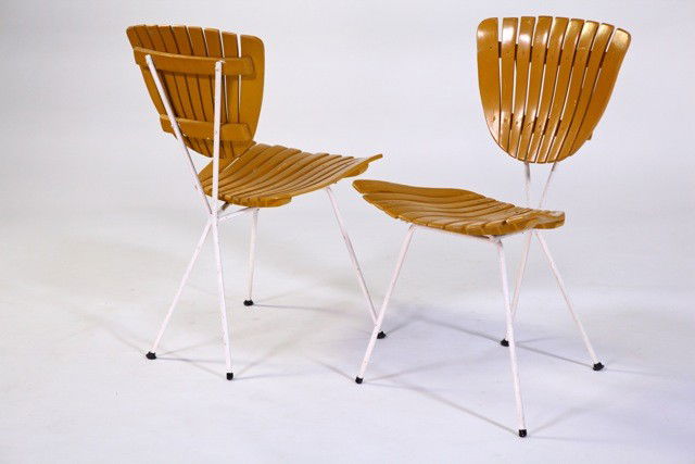 Arthur Umanoff - Garden Dining Chairs: Designer: Arthur Umanoff Item: Garden Dining Chairs Mfg.: Raymor Description: Lacquered Wood slats with Lacquered Steel Frame Unit: 2 Dim. Exactly: (L x W x H"): 16" x 19" x 31"h Circa: