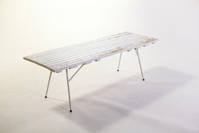 Arthur Umanoff - Garden Dining Table round: Designer: Arthur Umanoff Item: Garden Dining Table round Mfg.: Raymor Description: Lacquered Wood slats with Lacquered Steel Frame Unit: 1 Dim. Exactly: (L x W x H"): 30" dia. x 29.5"h C