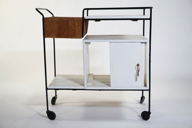 Arthur Umanoff - Bar Cart: Designer: Arthur Umanoff Item: Bar Cart Mfg.: Raymor Description: Lacquered Wood w/ paper cord wrapping Unit: 1 Dim. Exactly: (L x W x H"): 17" x 35.5" x 35.5"h