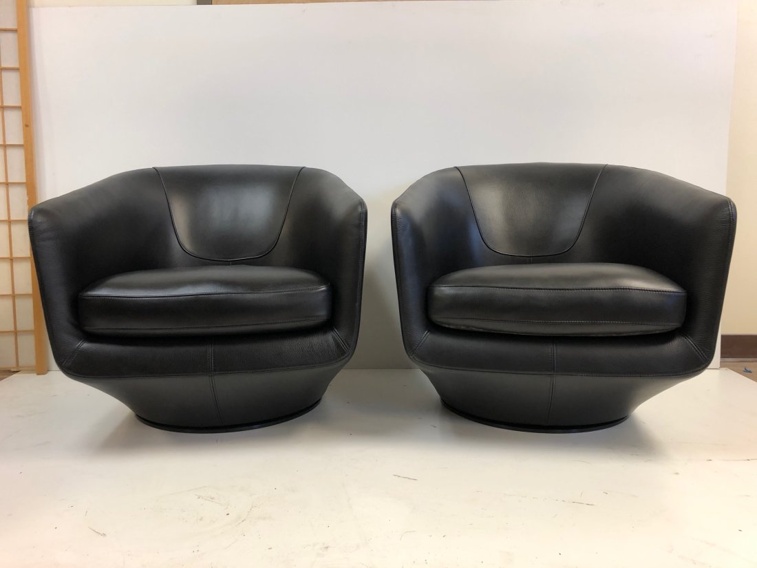 Italian Black Leather Swivel Chairs - Pair (1 of 4)