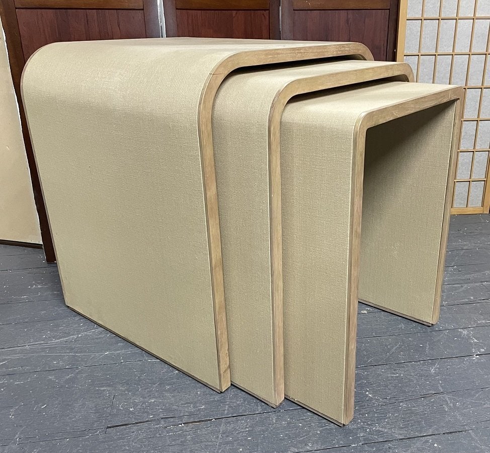 Nest of Tables: Linen wrapped and cerused nesting tables. Larger table measures: 28.5H x 26.25W x 24.25D.