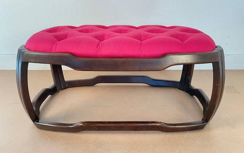Henredon Tufted Bench: Henredon tufted bench with sculptural wood frame. Measures: 15.5H x 36W x 19.5D