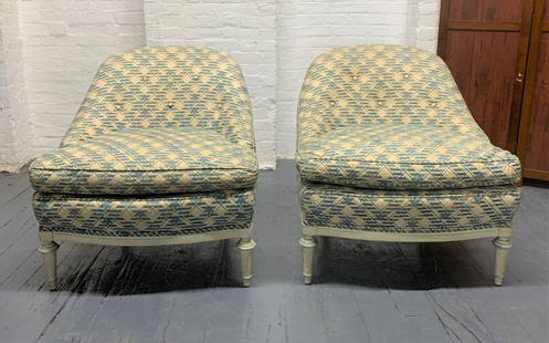 French Style Slipper Chairs - Pair: Faux leather upholstery with painted legs. Measures: 29.5H x 28W x 31.5D. SH 16.5